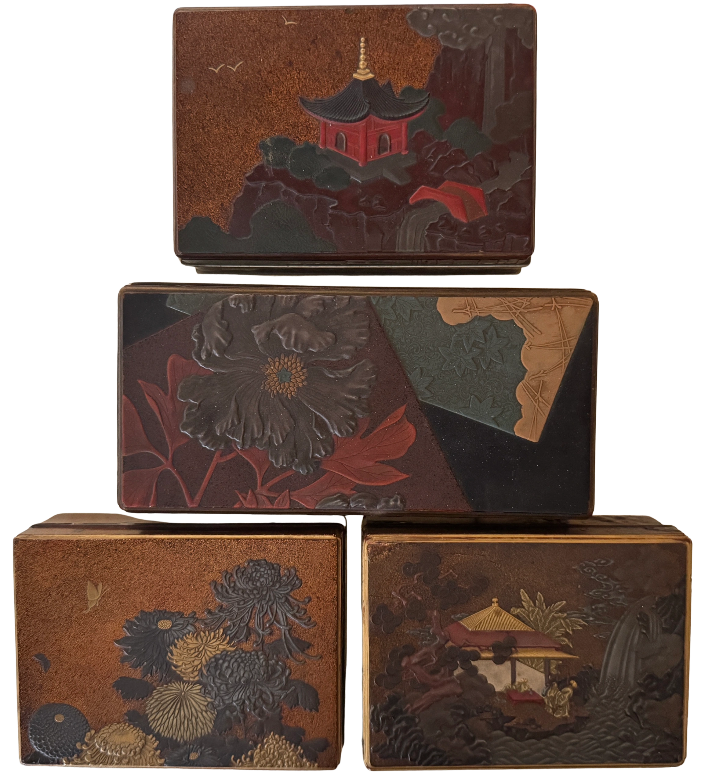Ritsuo style lacquer boxes with silver mounts by Sempoh. Taisho/Showa era.