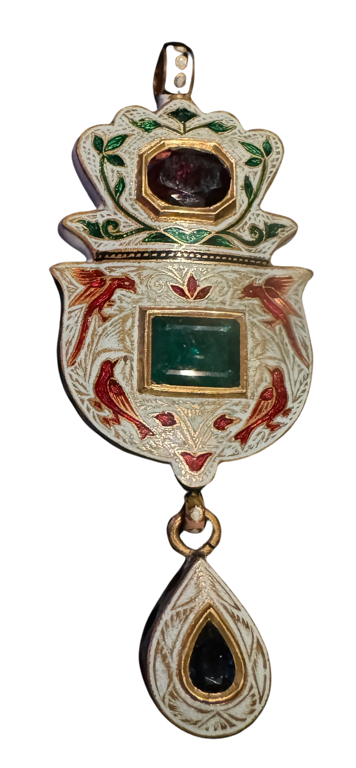 Mughal pure gold pendant pure gold jewel set with a Burmese ruby, 4 carat Jharkhand emerald &