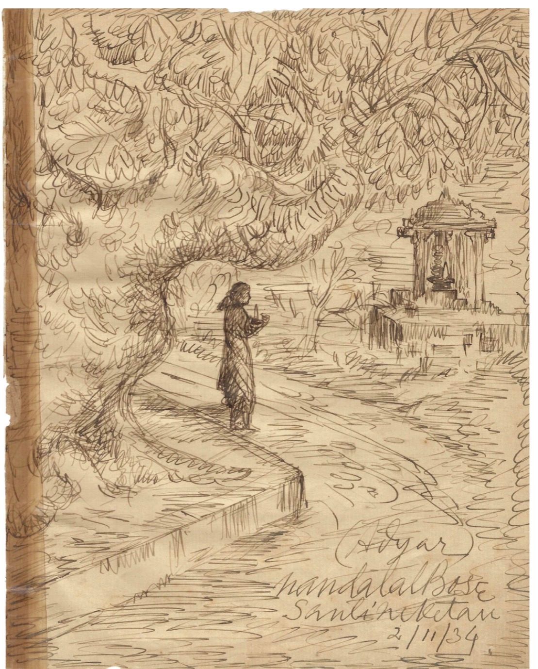 Shrimati Rukmini Devi - puja at Kalakshetra, November 1934. Nandalal Bose, ink on paper.