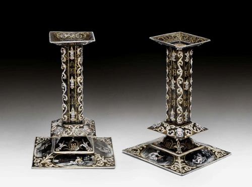 Candleholders depicting images from Jean de la Fontaine’s Fables created by Jaques Laudin I (1627-1695) as a tribute to his compatriot, Fontaine,(1621-1695). Limoges, c.1680