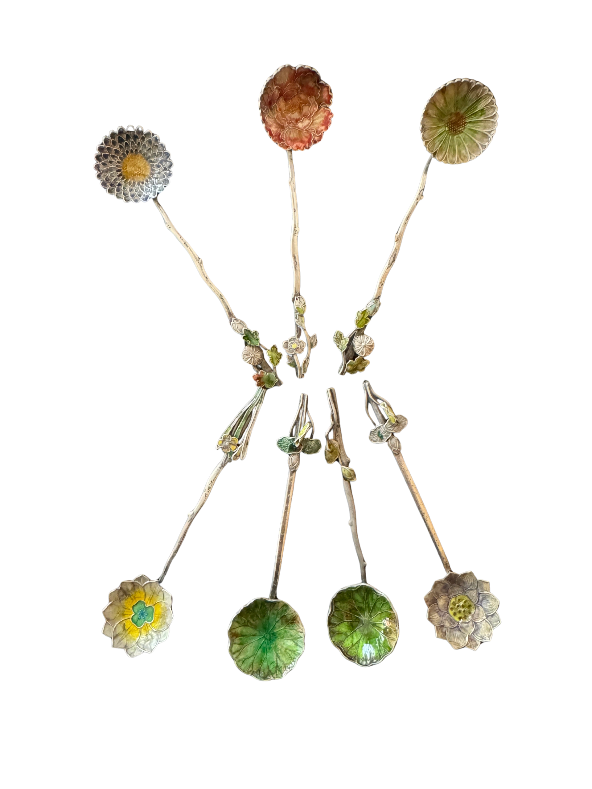 Enameled silver spoons. Meiji era.