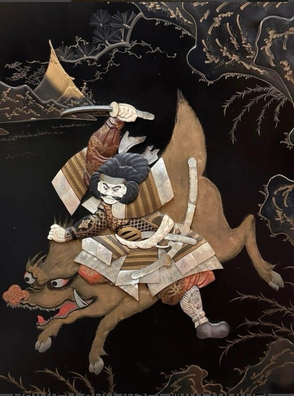 Shibayama and lacquer panel depicting Yamamoto Kansuke (1501-1561), one of Takeda Shingen’s ‘Trusted 24 Generals’, as he kills a wild boar attacking his master. Meiji era