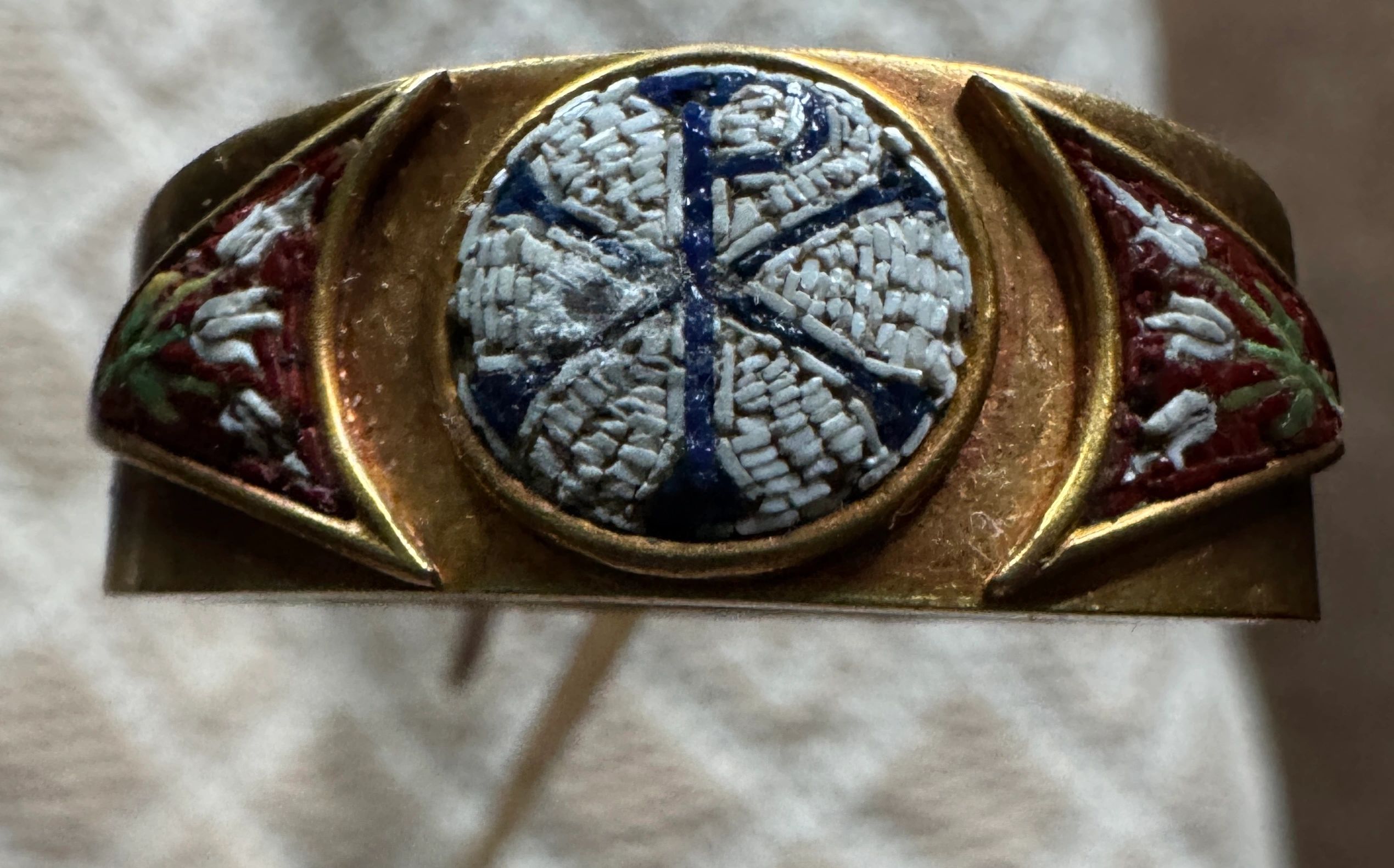 Gold hatpin depicting Chi Rho symbol. Rafaele Castellini’s Vatican Micro-mosaic workshop, Rome, c.1840