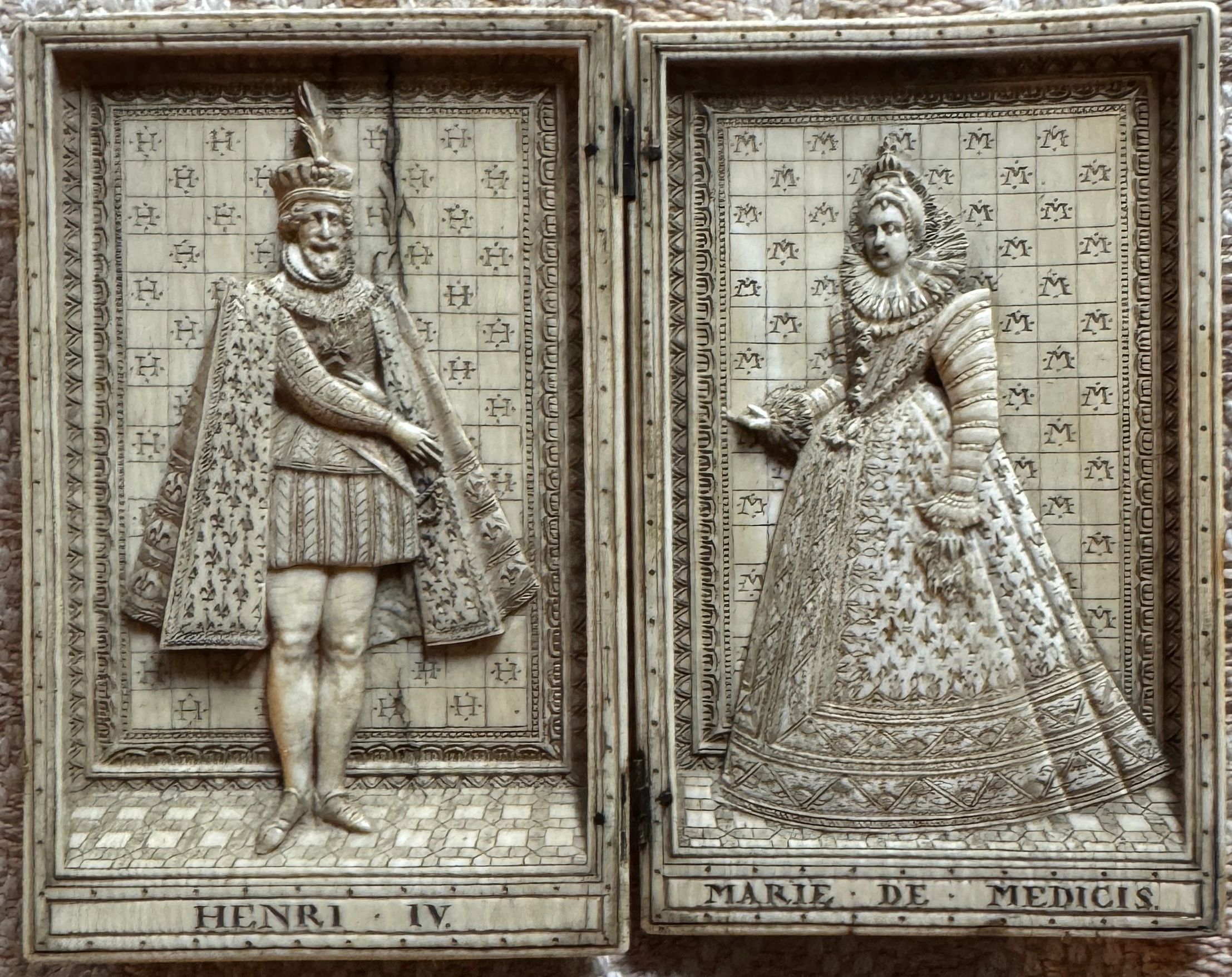 Mammoth ivory bas relief diptych with gold leaf trim commemorating Henri IV & Marie de Medicis’ coronation as queen on May 13, 1610. Dieppe, 17th century.