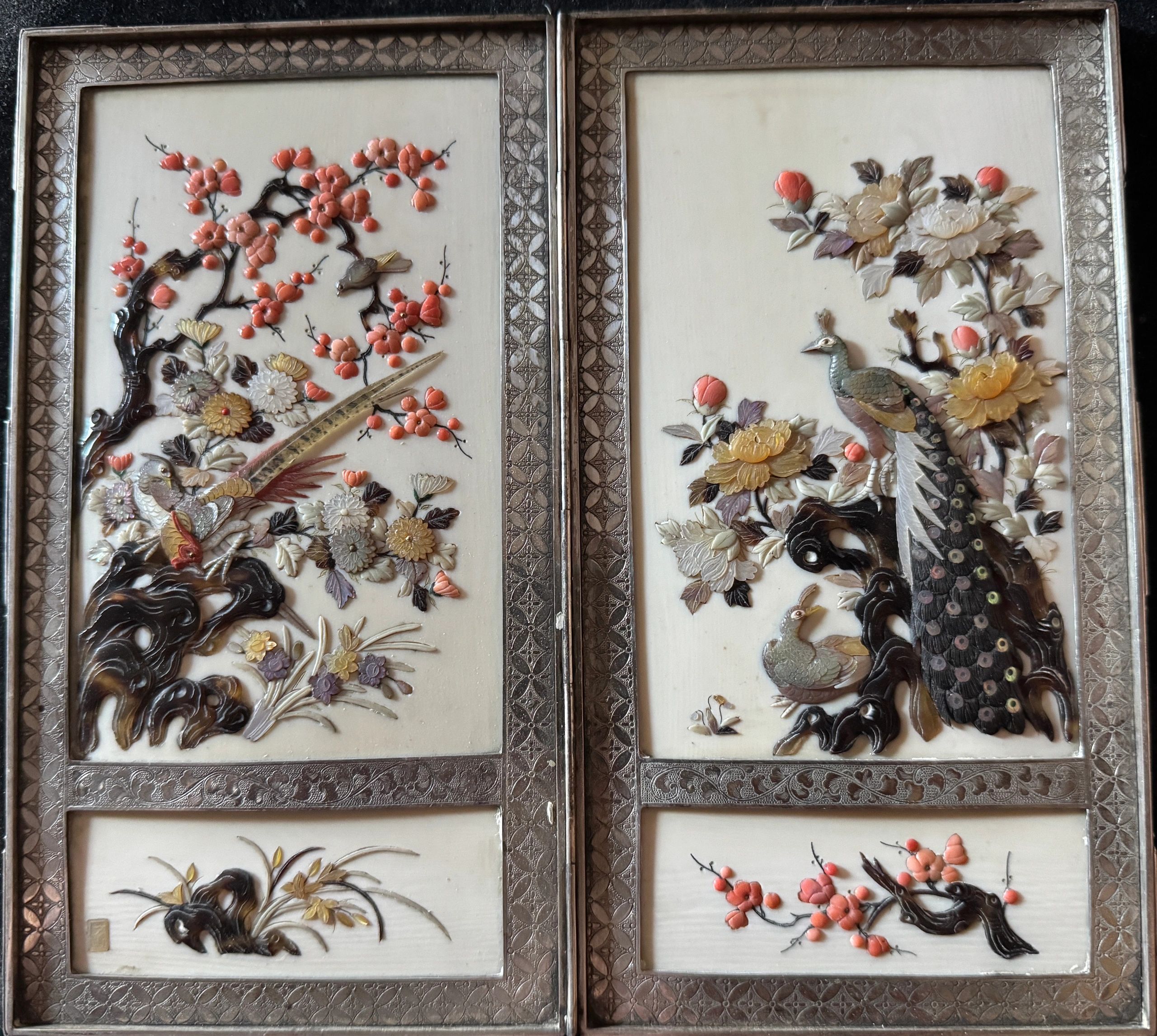 Silver framed shibayama diptych table screen signed with Shibayama seal in reserve. Meiji era.