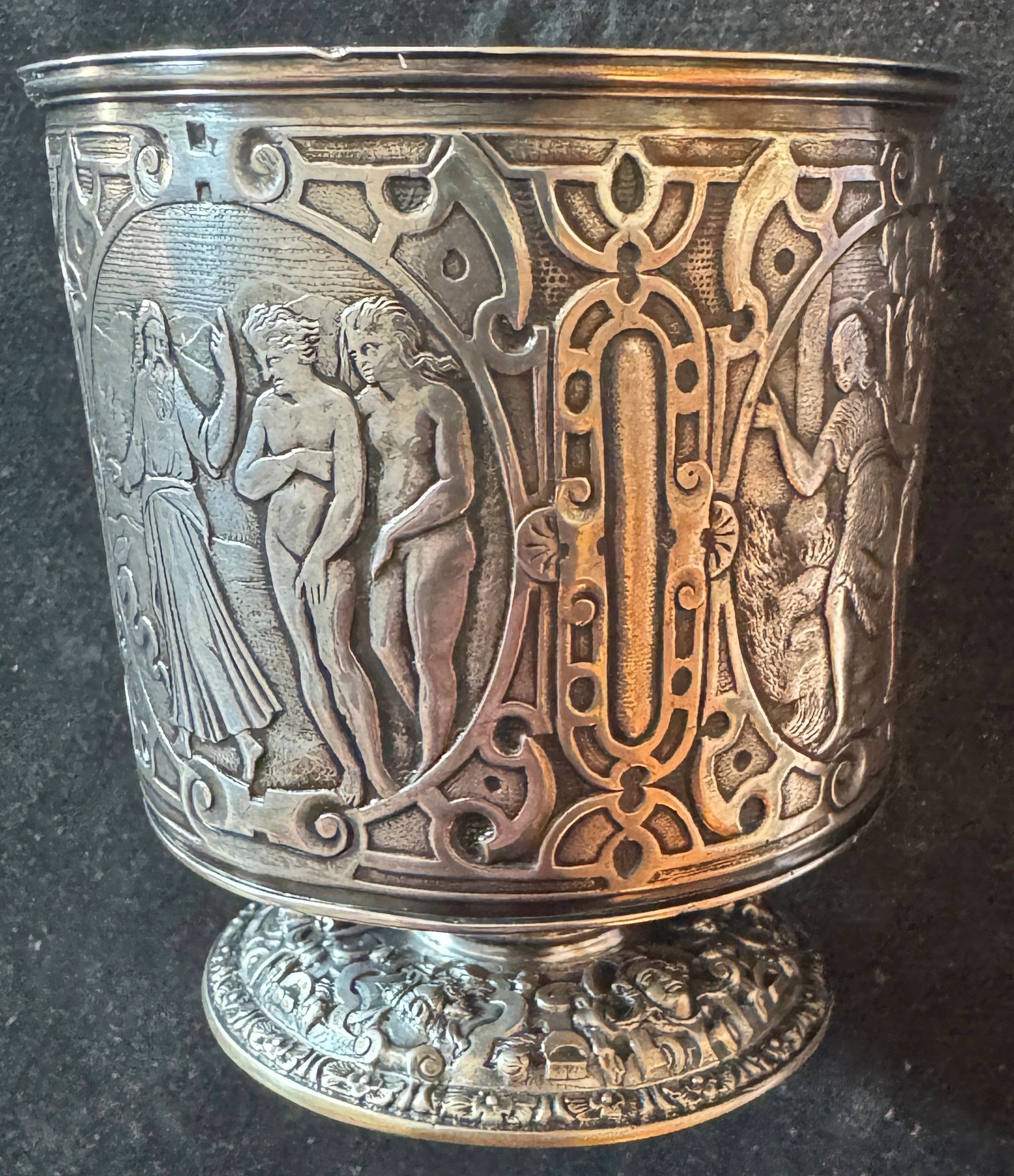Plateresque style silver beaker (10 dineros purity with gold content) decorated with scenes from Genesis. Hispanic silverwork, c.1565.