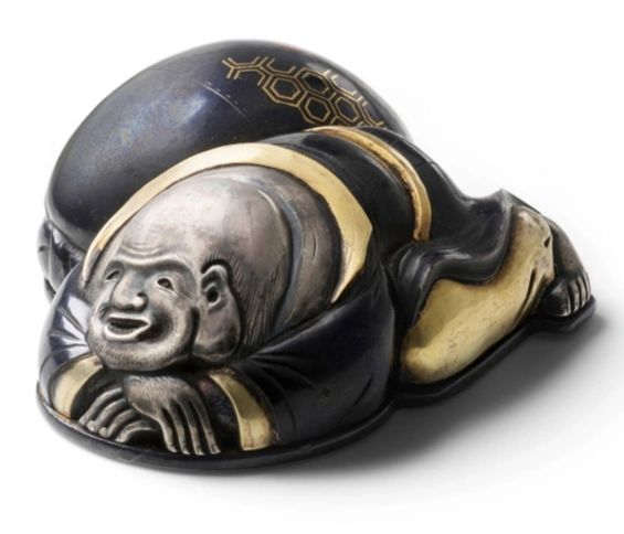 Kogo with shakudo, silver and gold decoration depicting Hotei with his treasure sack. Attrib. Input Nagamitsu, Edo/Meiji era