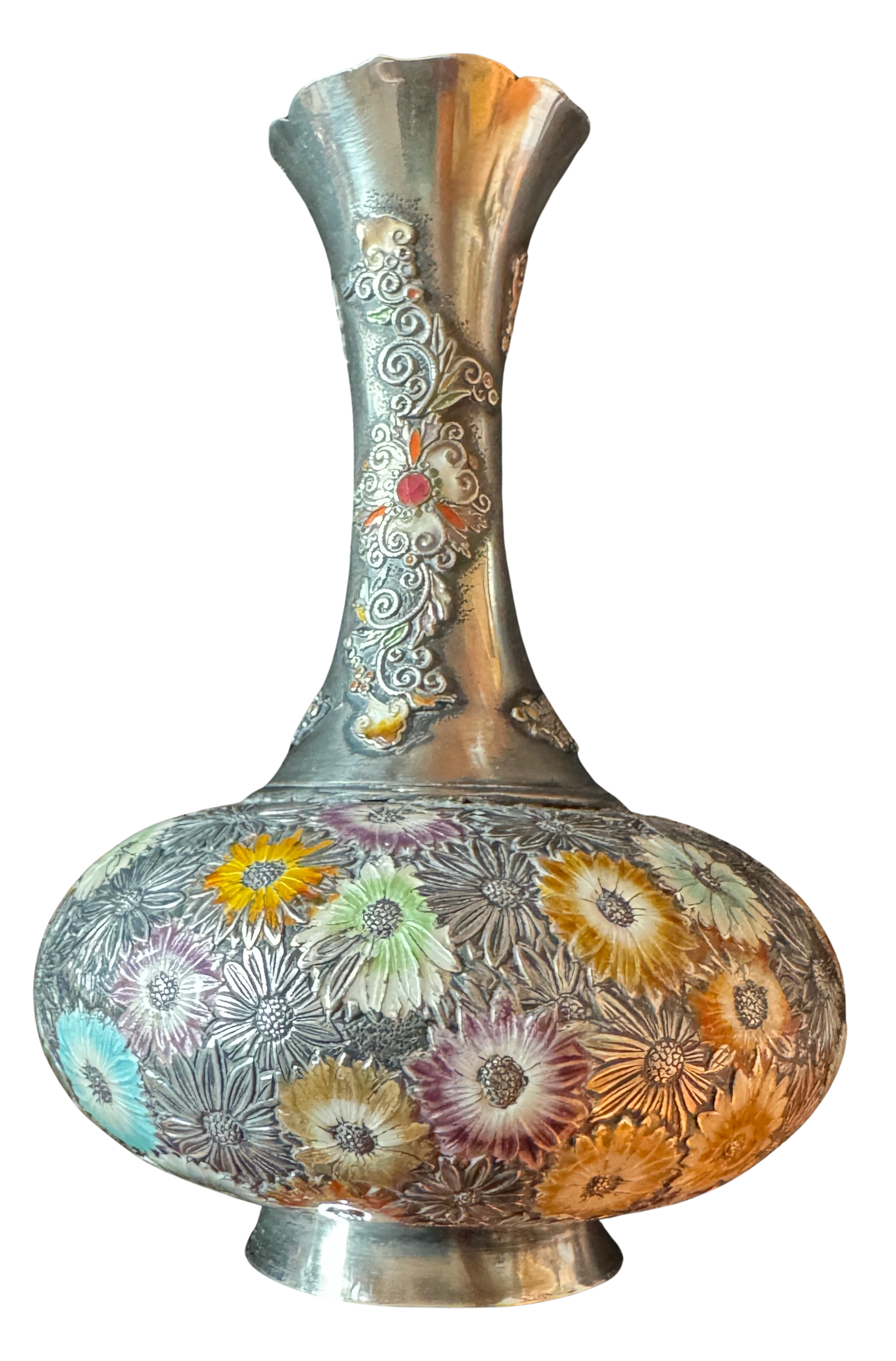Silver vase with profuse chrysanthemum enamel decoration. Signed in gold reserve, Meiji era.