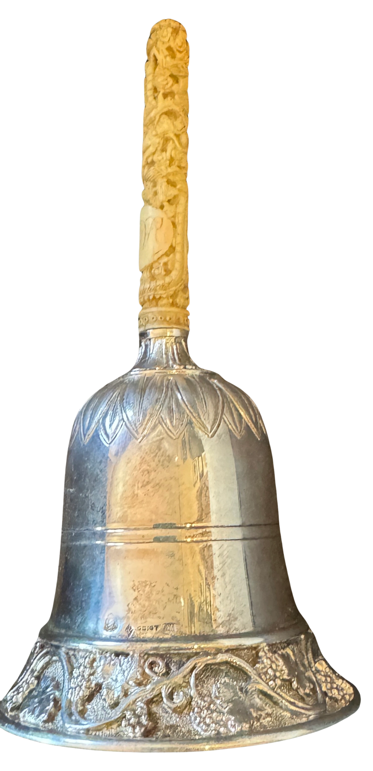 Grapevine pattern silver bell with l’indochine carved ivory dragon handle. Odiot, Paris c.1870