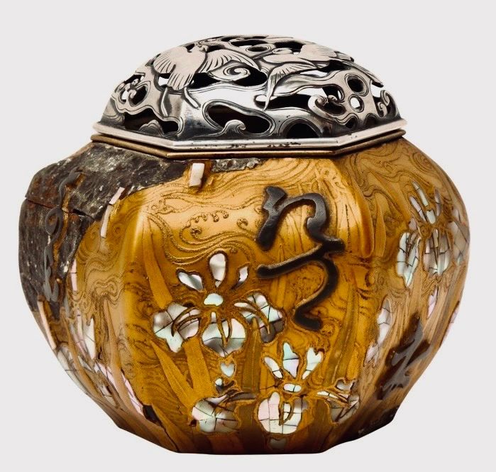Lacquer, pewter & silver mounted Koro depicting a story from Ise Monogatari (The Tales of Ise, 980 AD): Irises at Yatsuhashi, where Waka poet Ariwarano Narihara (825-880), writes a hokku poem using the Kakitsubata (iris) petals as a hiragana word puzzle: KaRagoromo/KitSutsu Narenishi/TsuMa Shi Areba/HaRubaru Kinuru/TaBi O Shi Zo Omou: I have a beloved wife/Familiar as the skirt/Of a well worn robe/And so the distant journeying/Fills my heart with grief. Signed Ogata Korin (1658-1716), Rinpa sch