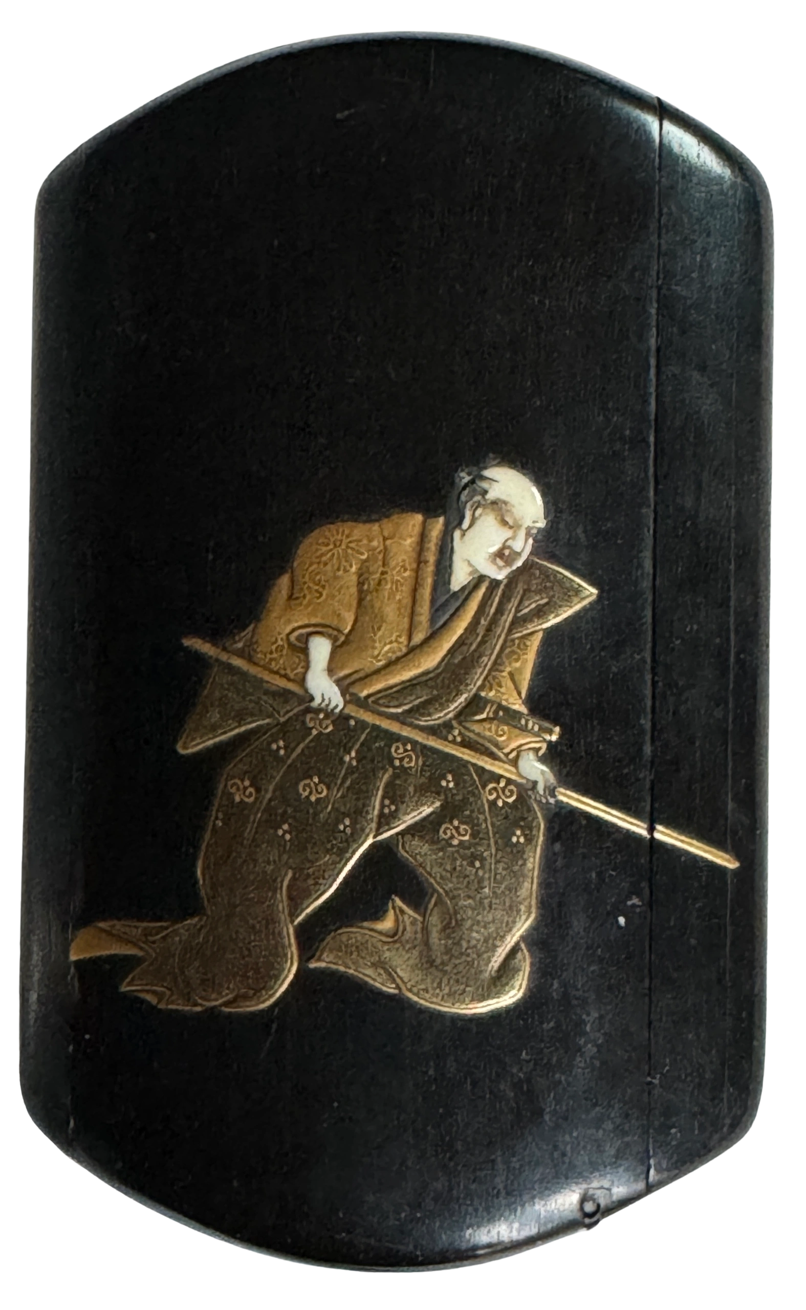 Lacquer and shibayama match safe depicting a Samurai learning the martial art Rokushaku-Bo (Bo-jutsu). Meiji era
