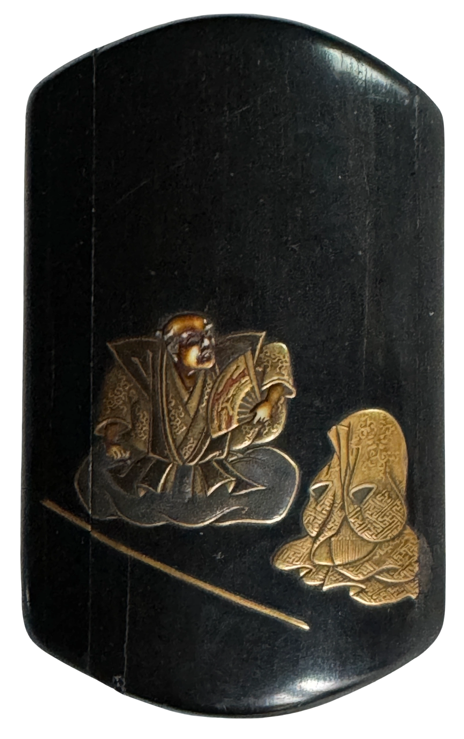 Lacquer and shibayama match safe depicting a Samurai teaching the martial art of Rokushaku-Bo (Bo-jutsu). Meiji era.