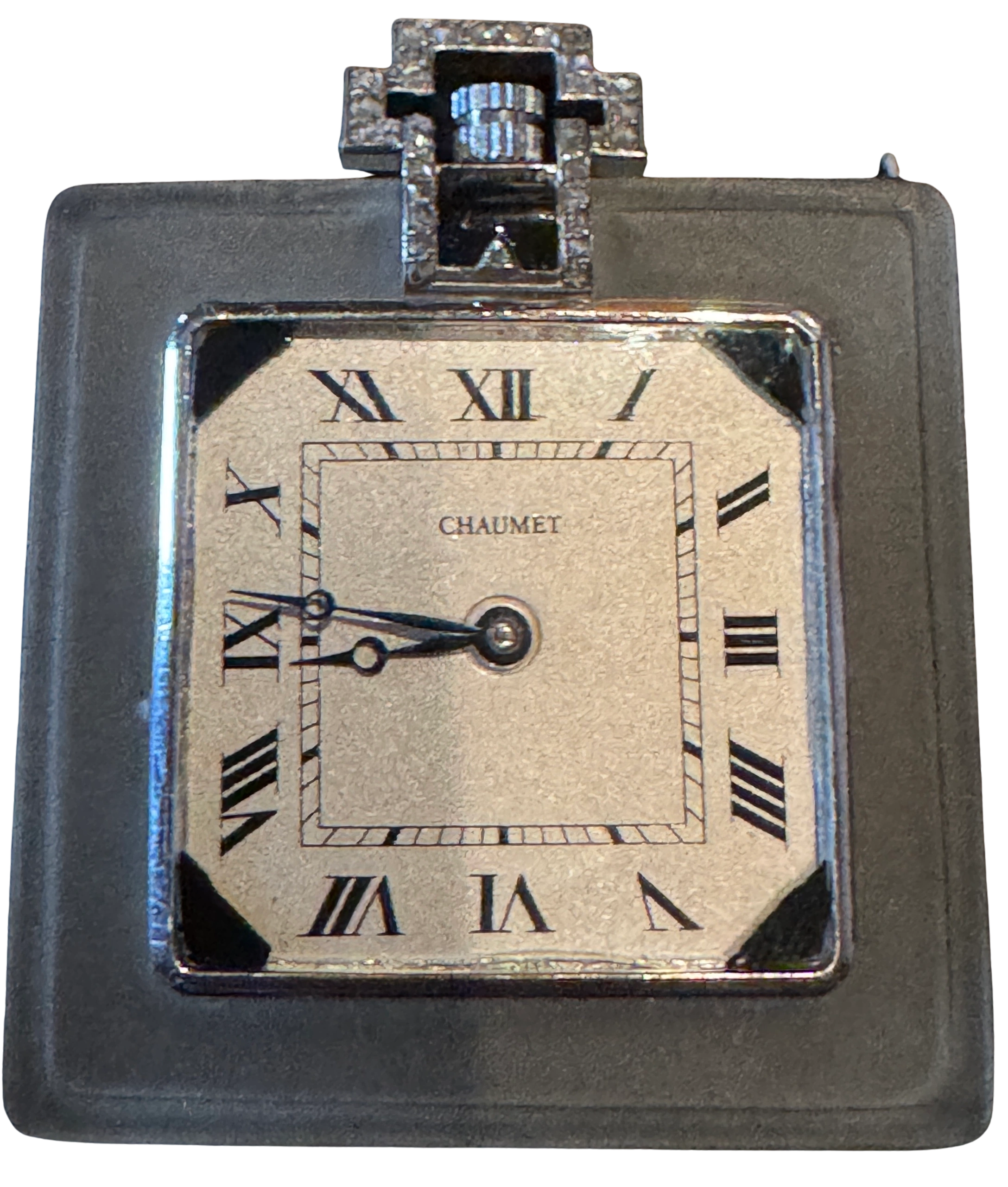 Art Deco is defined in this enameled platinum & rock crystal pendant watch set with diamonds. Chaumet, Paris c.1925