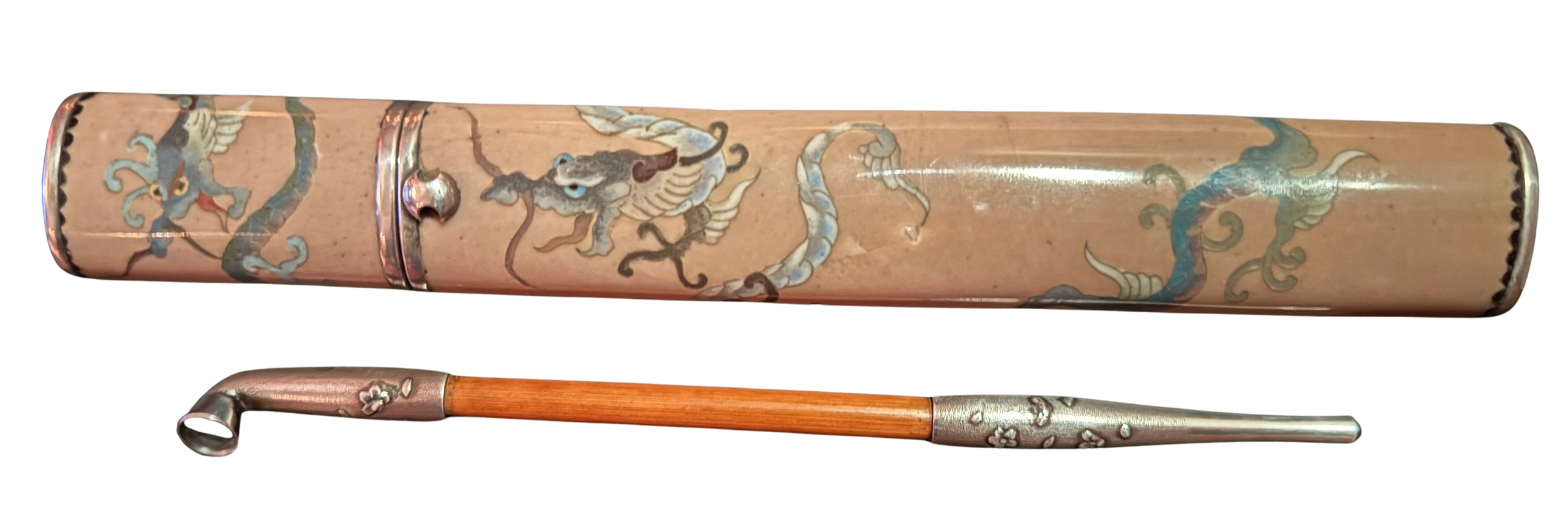 Enameled silver wired & wireless cloisonné kizeru zutsu (pipe case) by Ando Jubai together with silver mounted bamboo kizeru (tobacco pipe). Meiji era