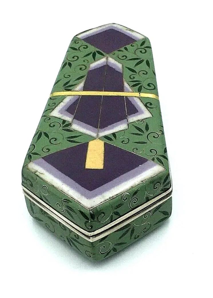 Cloisonee enamel on silver mounted kogo in Art Deco style by Hayashi Tanigoro. Taisho era