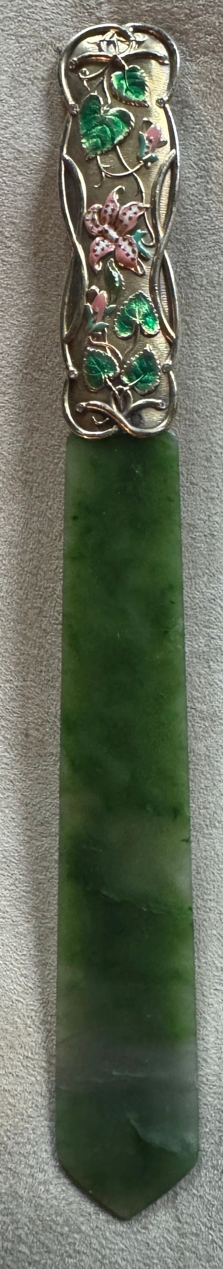 Letter opener in jade, mounted enameled silver gilt handle set with diamonds. Cartier, Paris c.1900