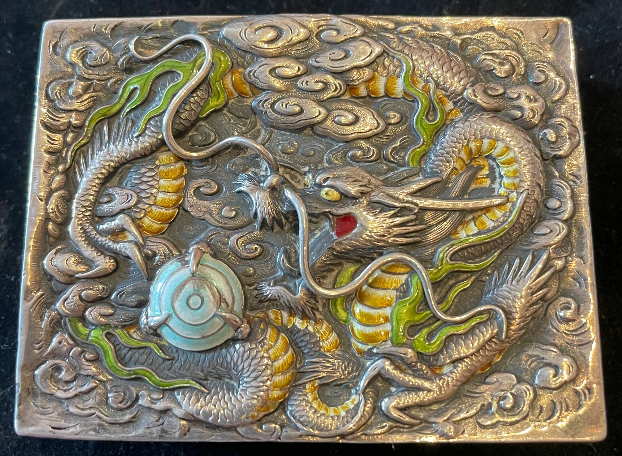 Enameled silver kobako showing a Ryujin (dragon) holding the tama (sacred pearl of wisdom). Meiji era