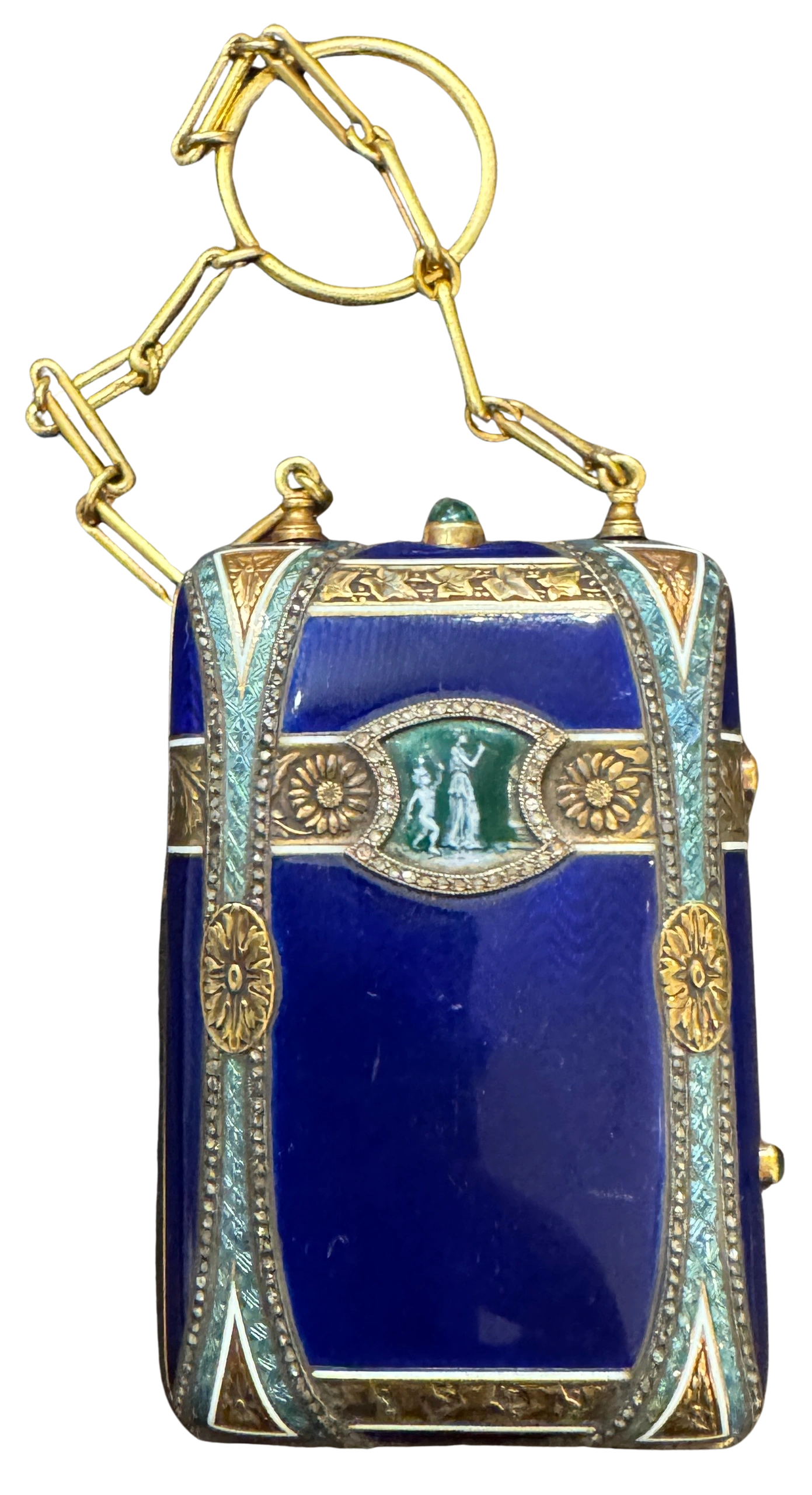 Gold necessaire, inset with an enameled plaque depicting a scene from the Thargelia Festival, set with 260 mine cut diamonds & emerald push clasps. La Belle Époque is defined here in this creation by Edouard Husson (active 1905-1925) for Lacloche Freres. Paris, c.1908.