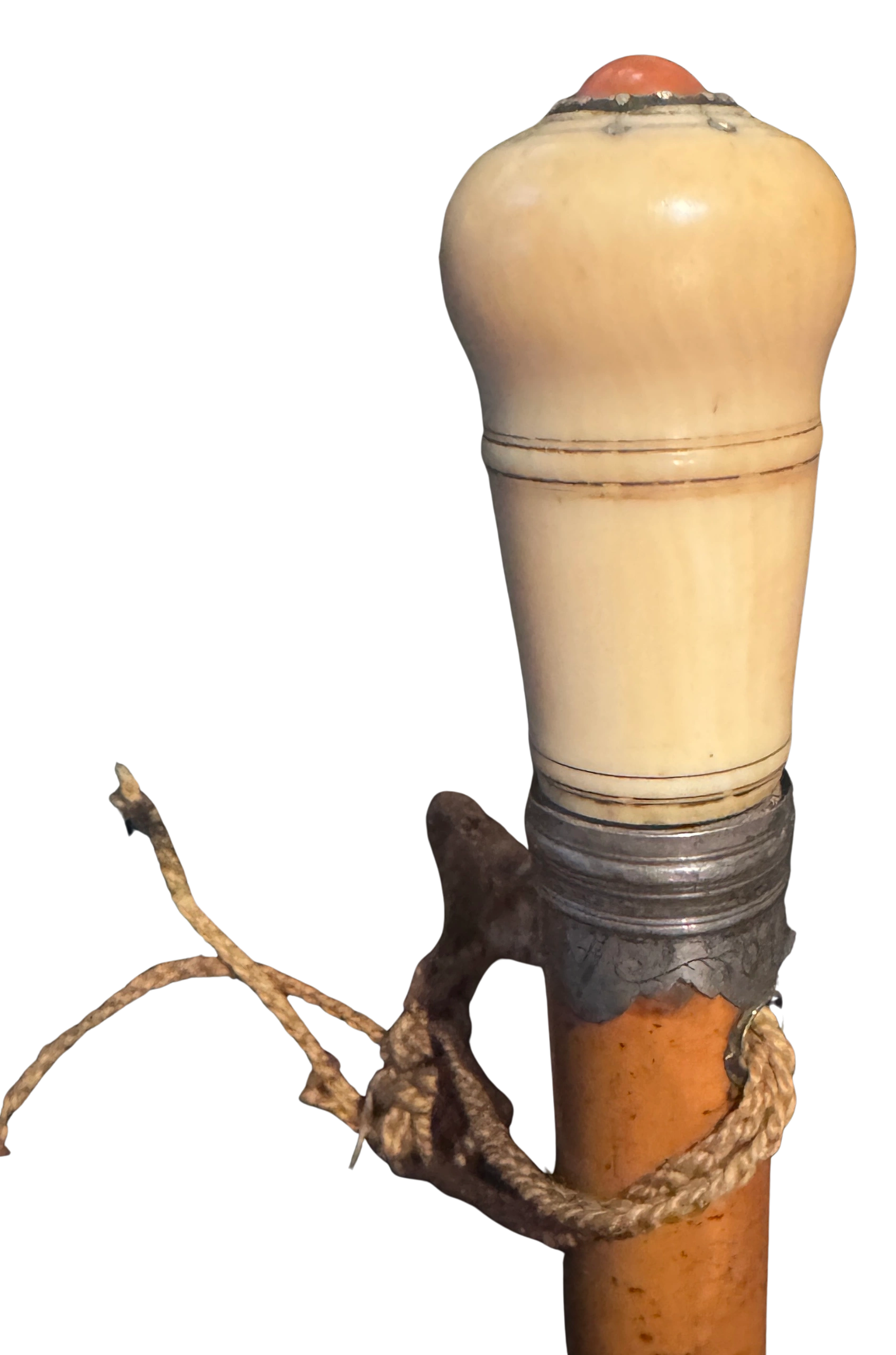 Physician’s malacca cane with detachable ivory screw top containing an antiseptic sponge. Silver mount engraved TR 1704. Likely owned by a Physician-in-Ordinary to the Court of Queen Anne.