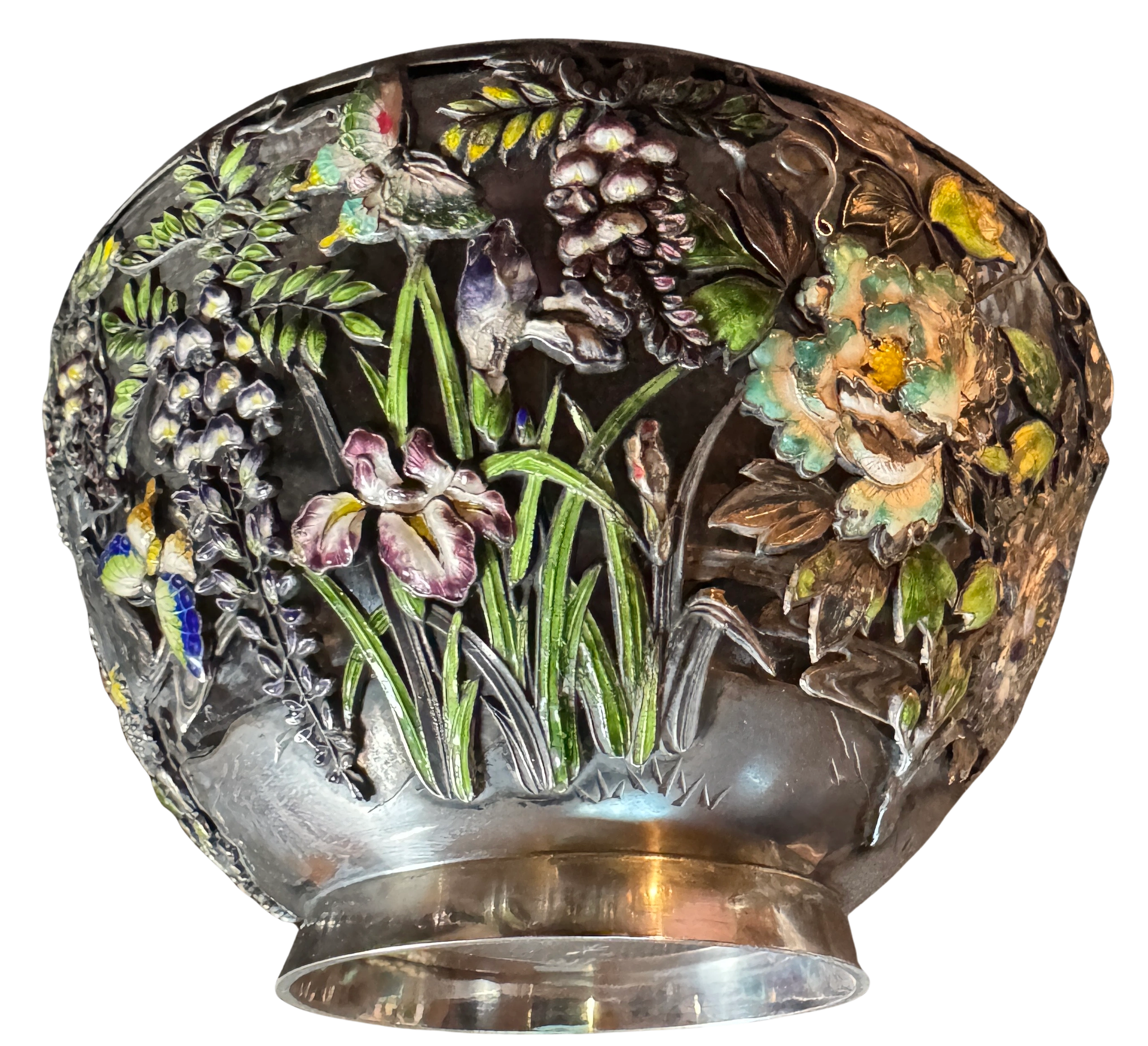 Pure silver bowl set in glass with enamel decoration, signed Komyo. Meiji era.