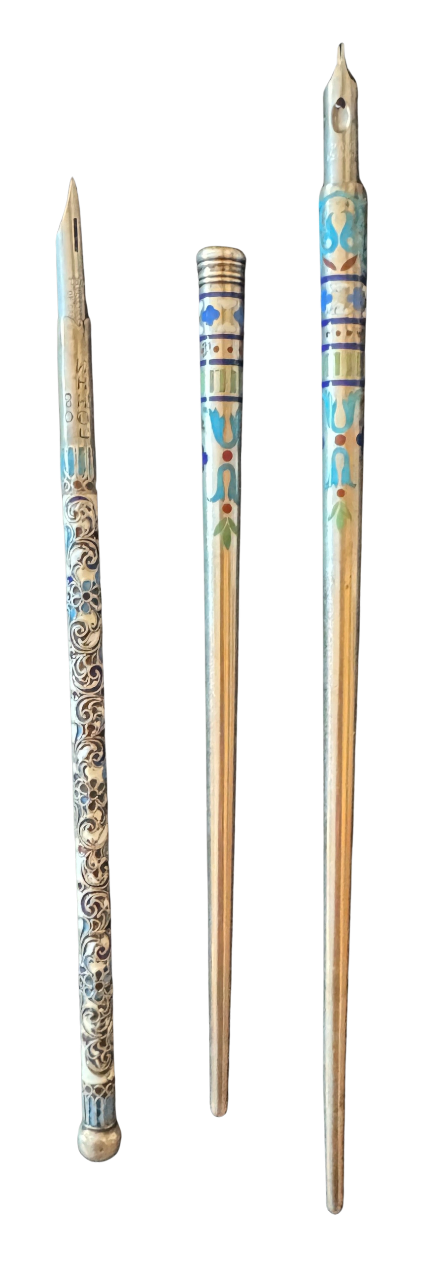 Silver champleve enamel pen & pencil set by the Gratchev Brothers, St. Petersburg, c.1890 and a provincial cloisonné enamel pen c.1900.