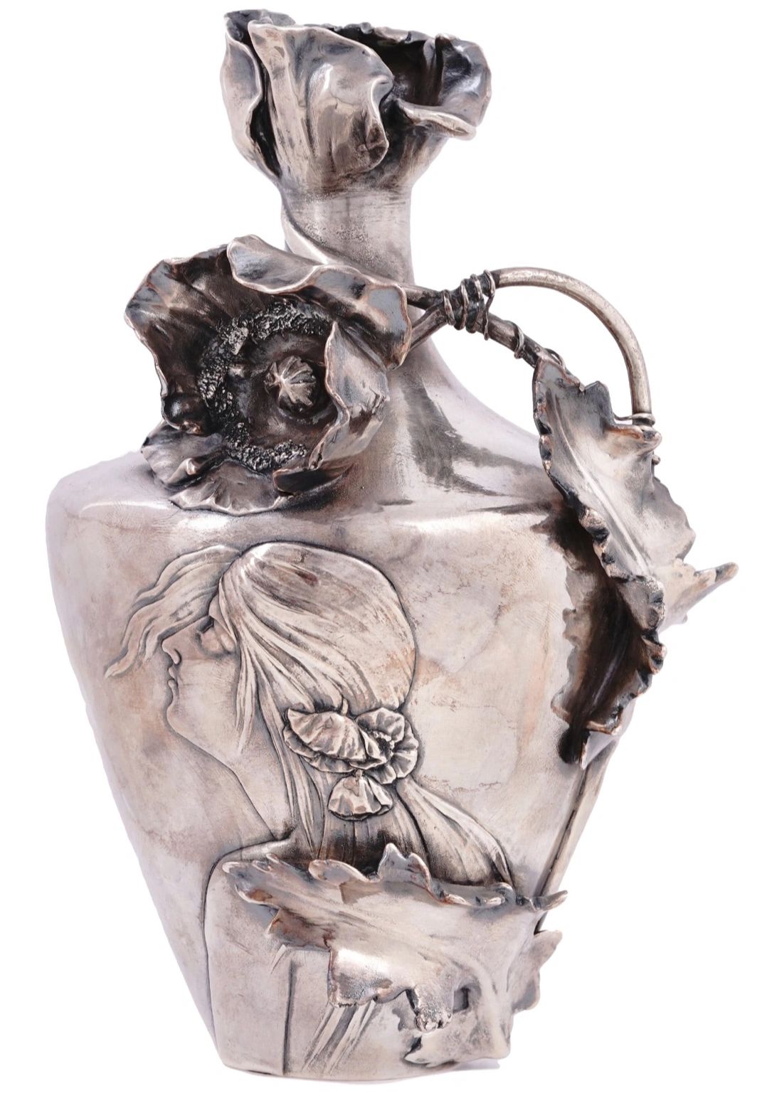 Art Nouveau pottery vase, clad in silver. Gorham c.1905