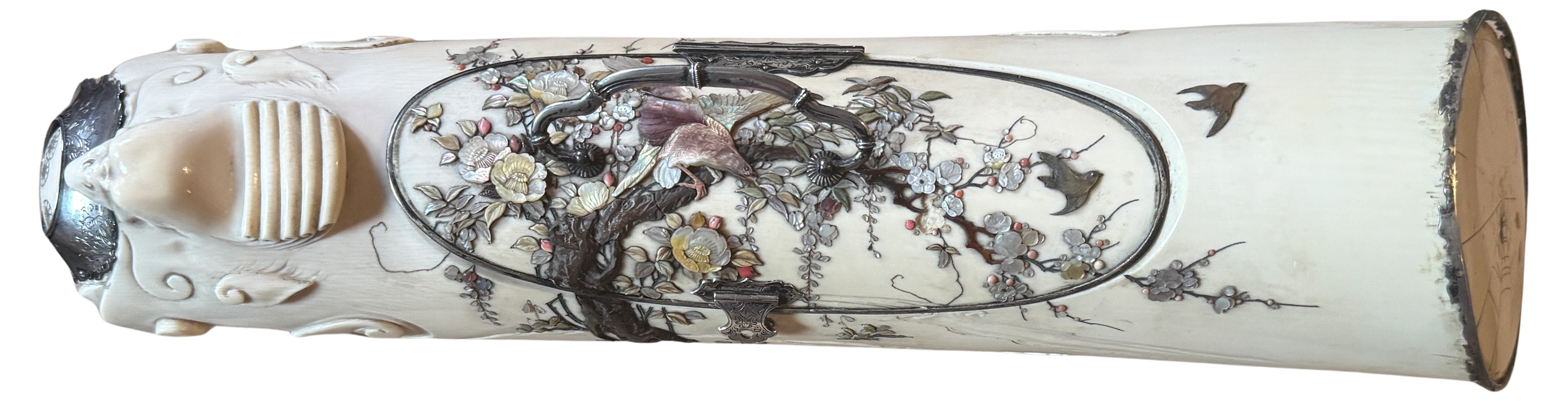 Silver mounted shibayama kodansu, length - 40cm. Meiji era.