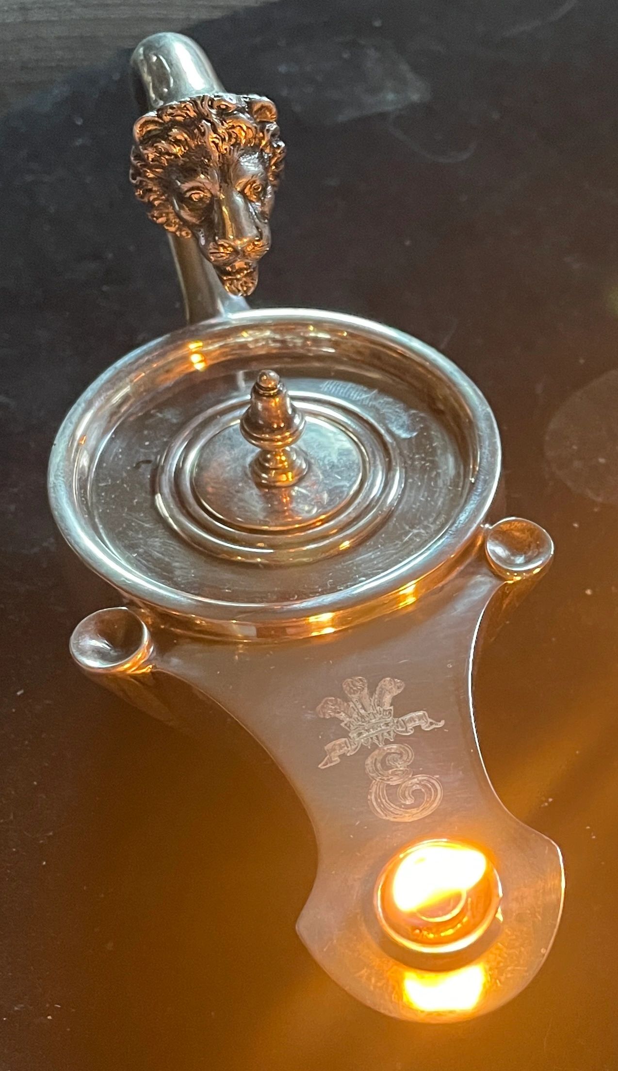 Silver lucerna, created as a cigar lighter. Engraved with HRH Edward, Prince of Wales, heraldic badge with ‘Ich Dien’ motto. Maker Alfred Clark, London 1876.