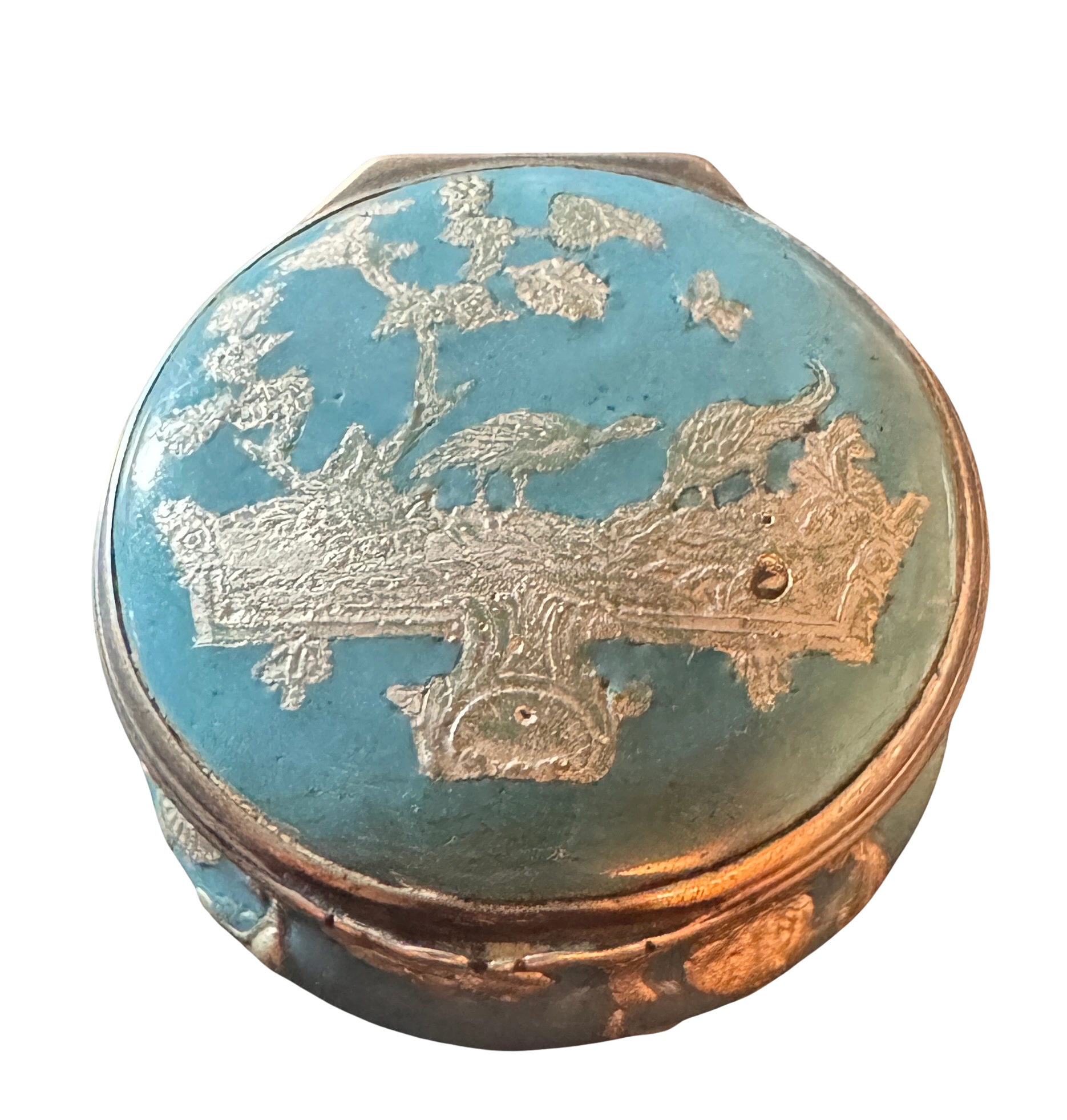 Silver patch box with Limoges style enamel inlaid with silver motifs. Maker Denis de Rosnel, Paris Master, entered 1692.