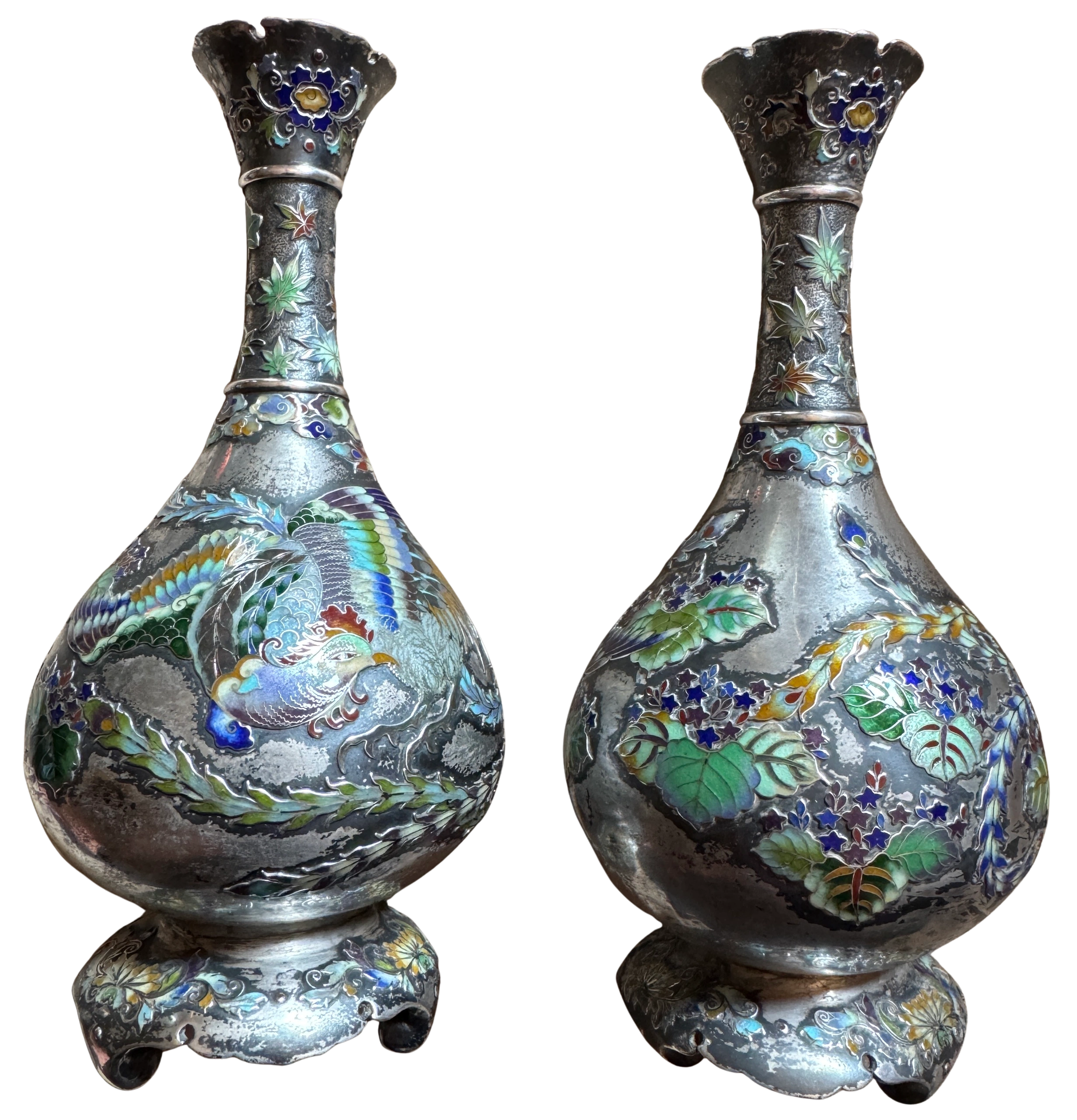 Pair of enameled silver vases signed Yoshiaki in gold reserve panels. Meiji era.