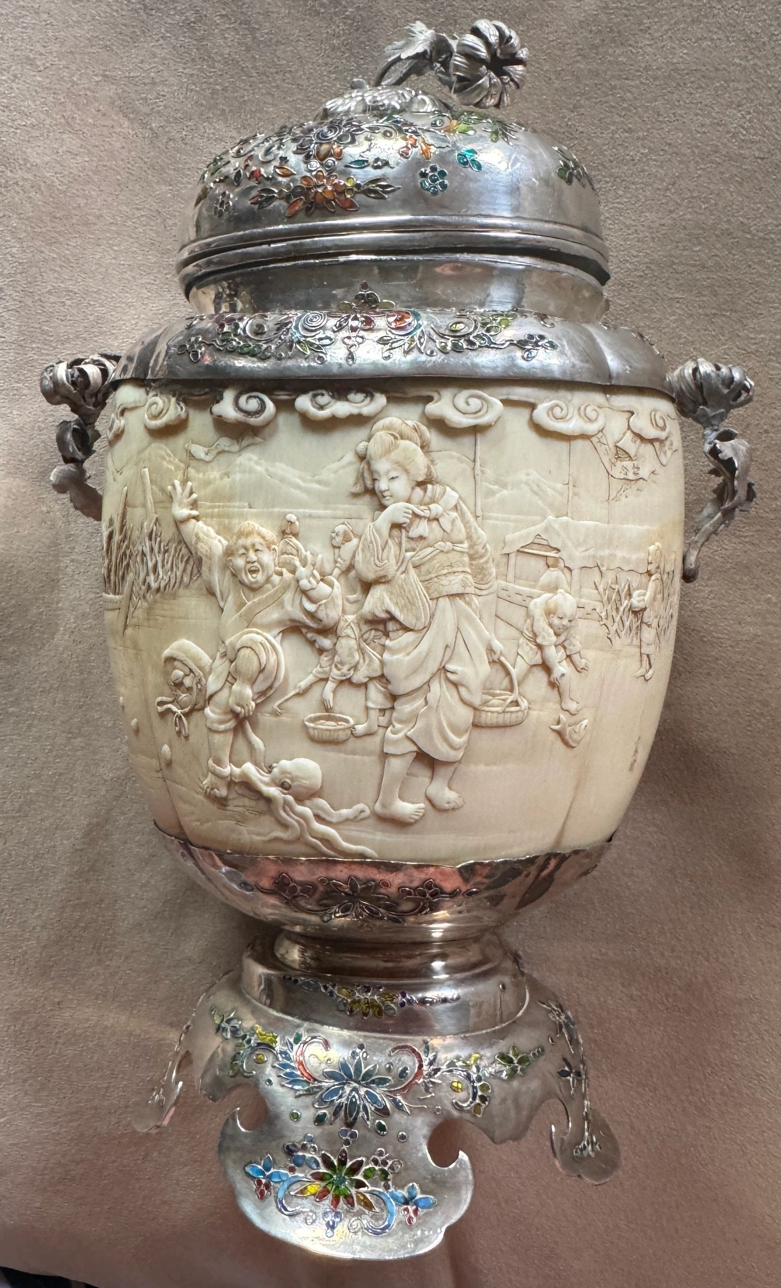 Enameled silver mounted ivory ginger jar. Meiji era.