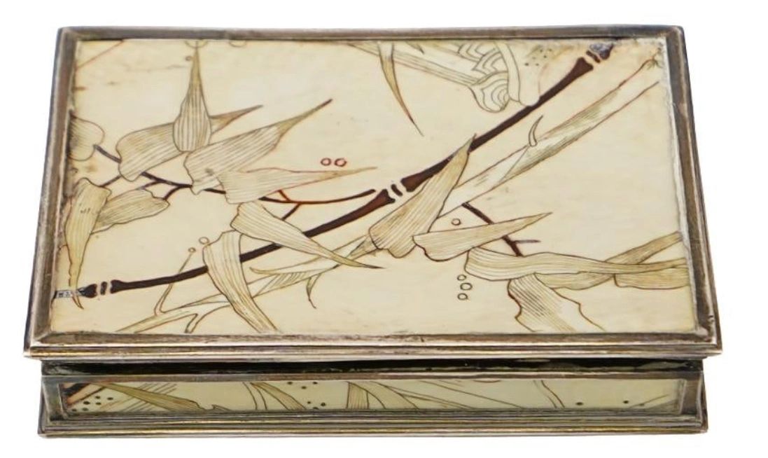 Silver mounted ivory box with bamboo foliage design in Japonisme style. French silver marks for Paris, c.1900