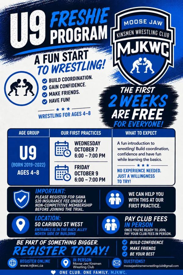 U9 Freshie wrestling program with free first 2 weeks and practices on Oct 7 and 9.
