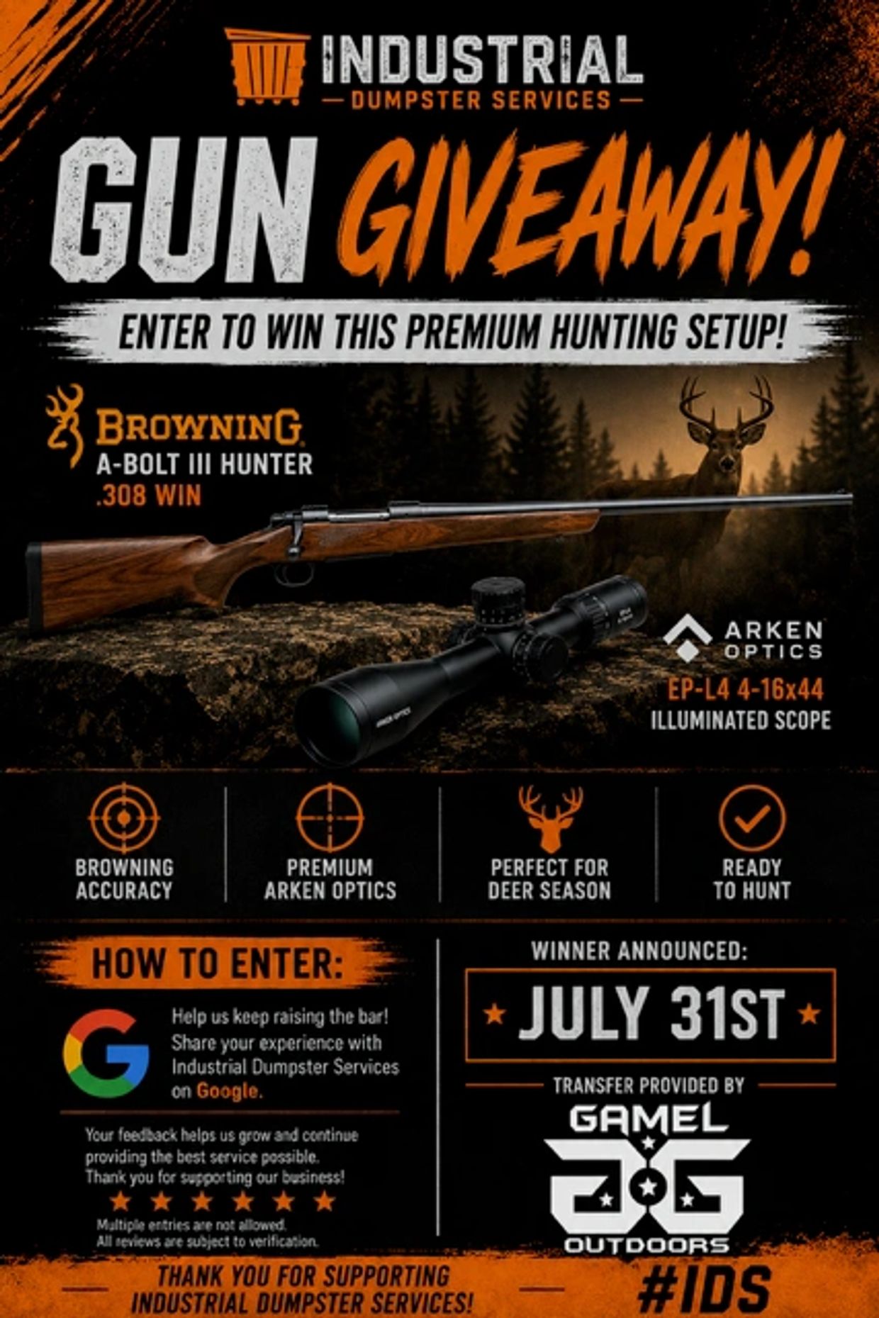 Industrial Dumpster Services gun giveaway for premium hunting setup.