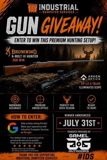 Advertisement for a hunting gun giveaway with a Browning rifle and Arken optics scope.
