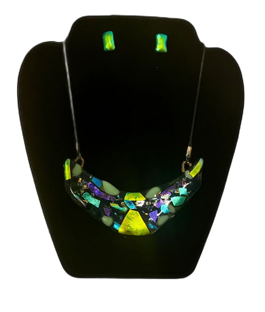 Crescent Dicrotic glass necklace and matching stud earrings. One of a kind showstopper design.$85.00