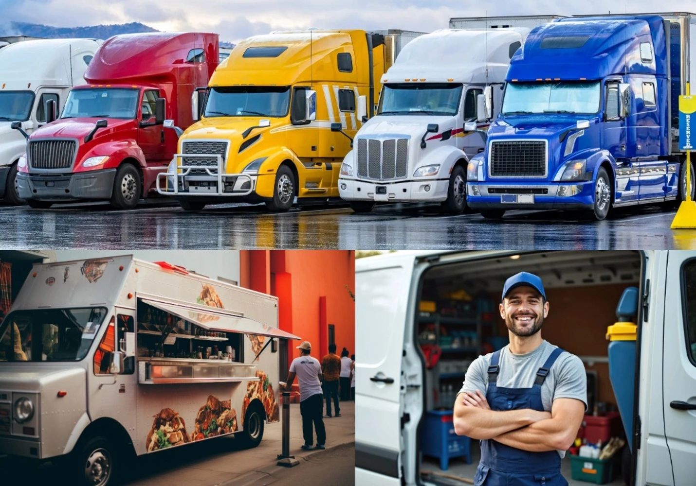 Colorful trucks, food truck, and a smiling mechanic.