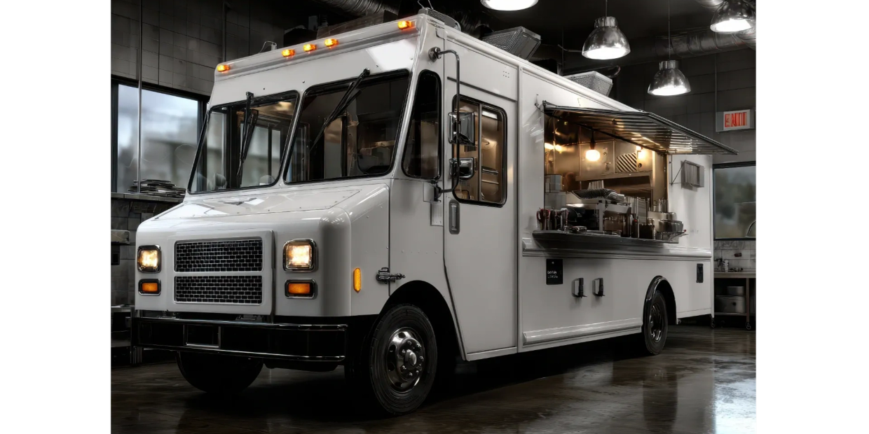 White food truck with open serving window in industrial interior.