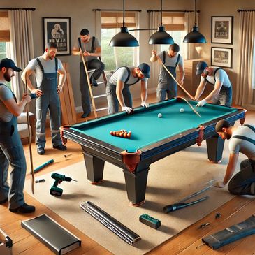 Movers disassembling a pool table in a residential living room.