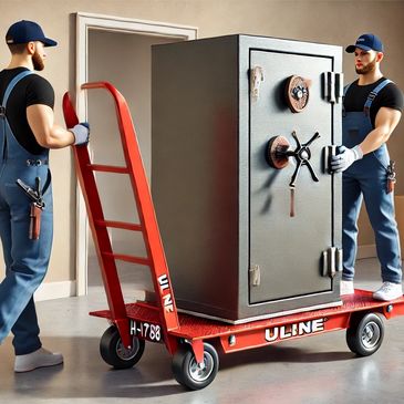 Movers carefully transporting a large gun safe using a dolly.