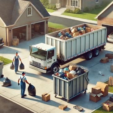 Movers unloading junk into a dumpster in a suburban yard.
