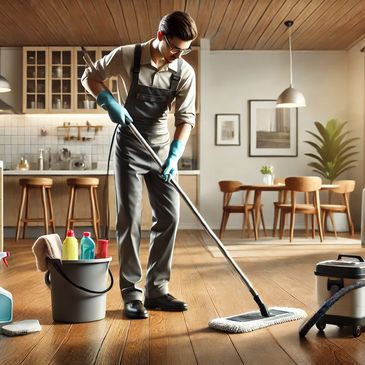 Cleaner mopping a hardwood floor in a modern living room.