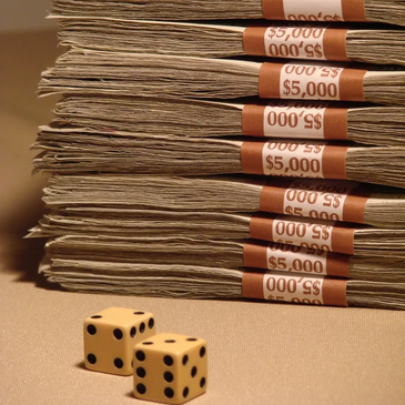 Casino dice with a stack of banded bills totaling $5,000
