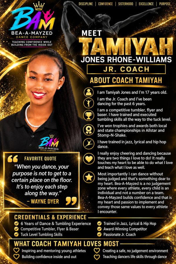 Meet Tamiyah Jones Rhone-Williams, Jr. Coach at Bea-A-Mayzed Dance Company.