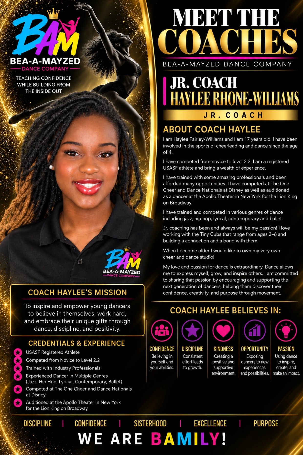 Profile of Haylee Rhone-Williams, Jr. Coach at Bea-A-Mayzed Dance Company, sharing her mission and experience.