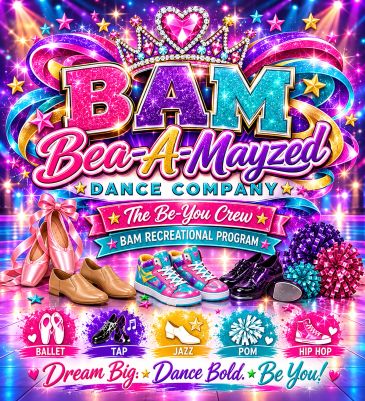 Colorful dance company poster with styles and shoes.