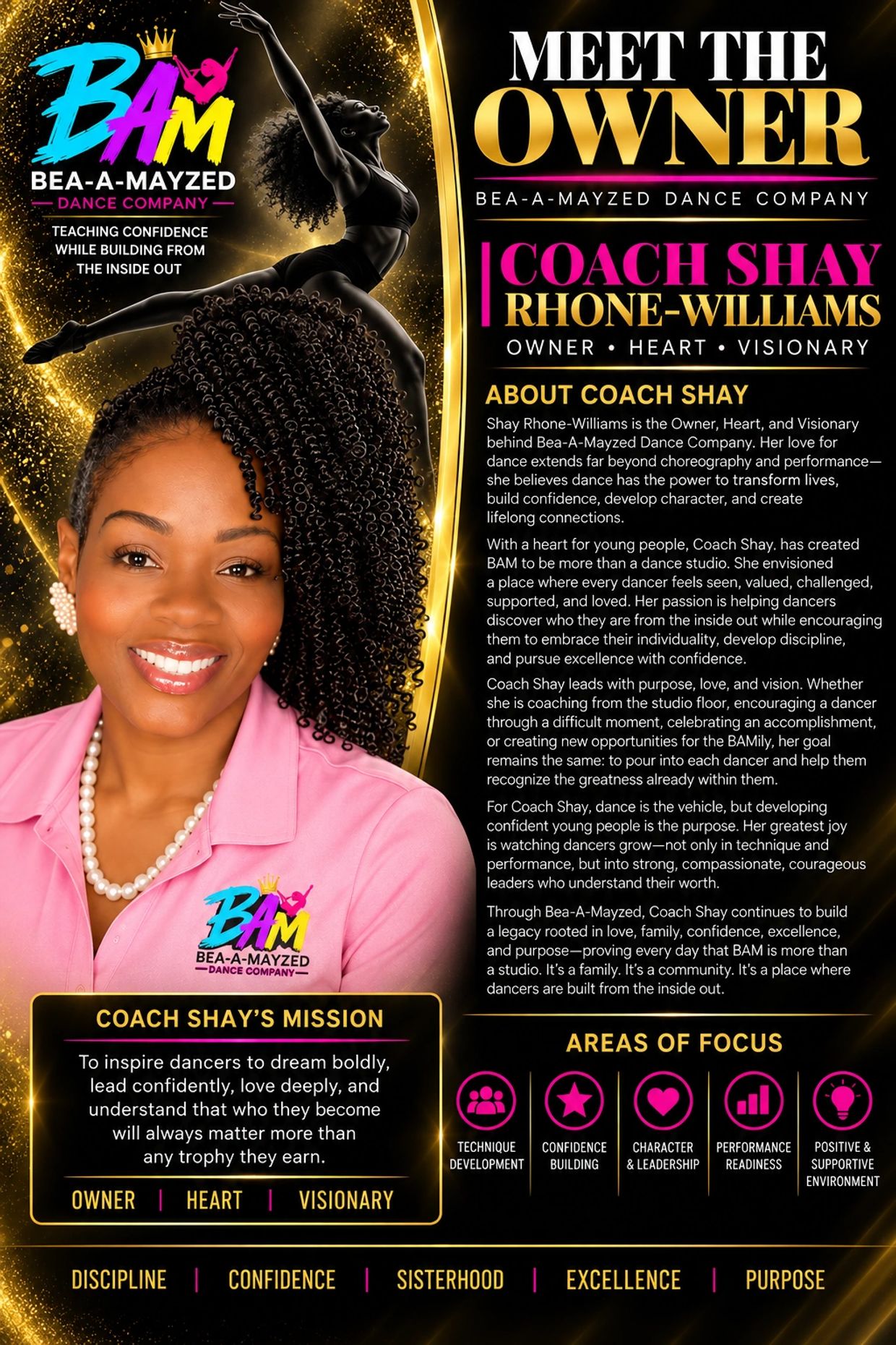 Profile of Coach Shay Rhone-Williams, owner of Bea-A-Mayzed Dance Company.