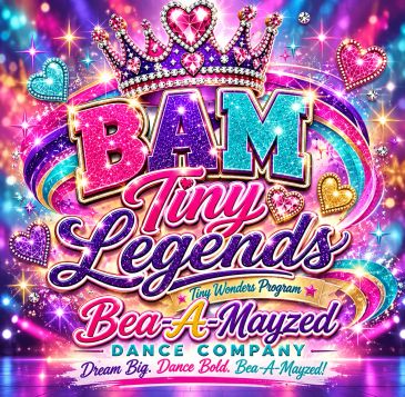Colorful dance company logo with sparkling hearts and crown.