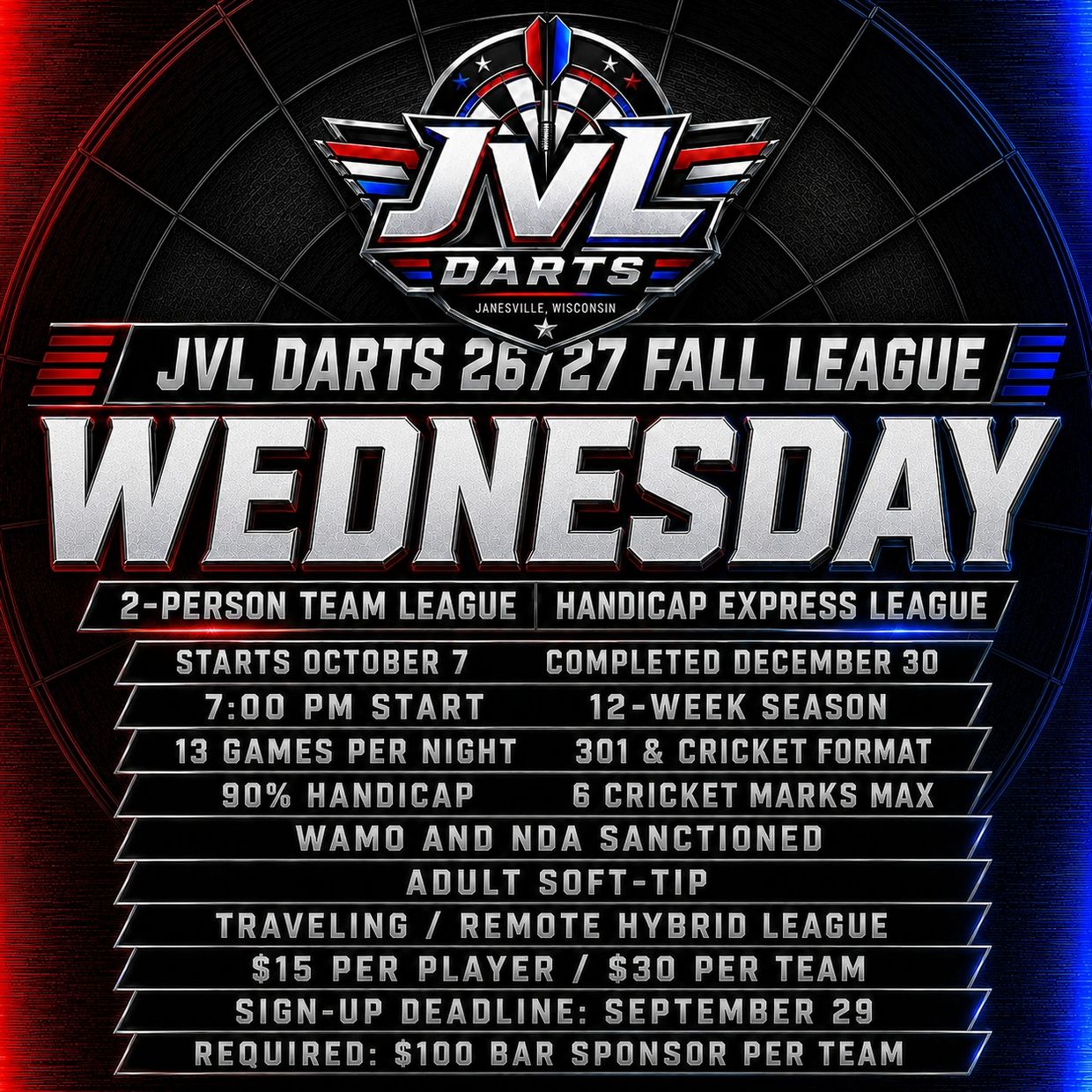 JVL Darts 26/27 Fall League on Wednesdays for 2-person teams, starting October 7.