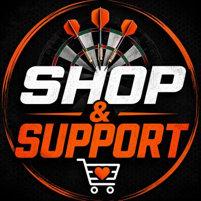 Bold graphic encouraging to shop and support with darts and shopping cart icons.